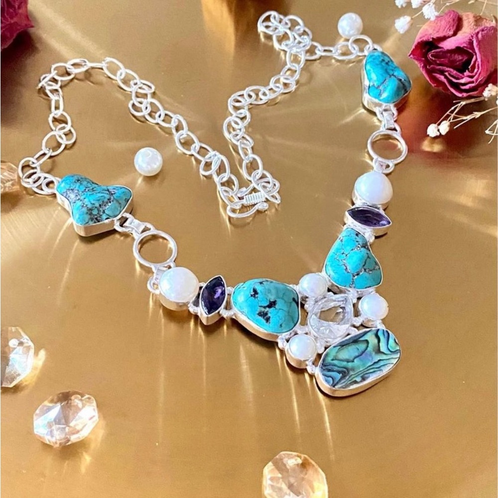 Stunning Turquoise,Abalone Shell,Pearl, Amethyst And White Topaz Silver Necklace